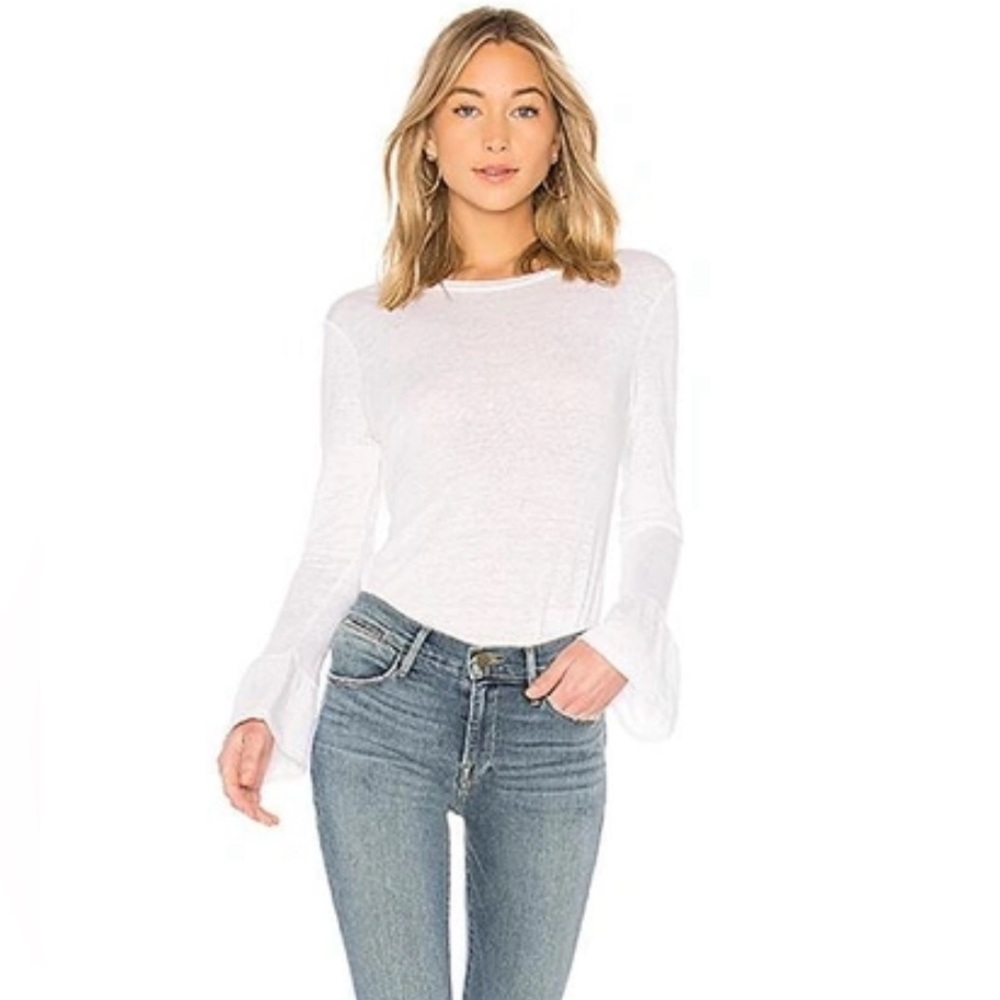 Frame Linen Ruffle Cuff Top in White Size Medium